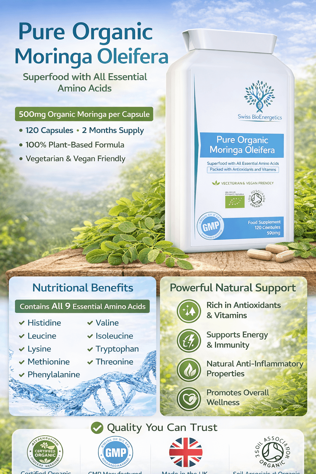 Pure Organic Moringa Oleifera 500mg 120 Capsules - no fillers or Flowing Agents - 100% Natural Soil Association Certified High Strength Superfood with All Essential Amino Acids