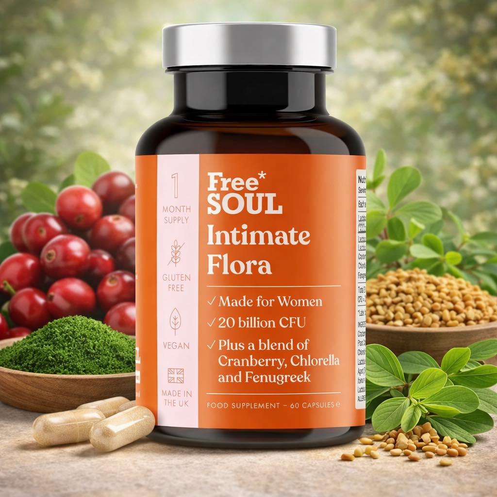 Intimate Flora for Women | 20 Billion CFU Fortified with 15,000mg Cranberry, Fenugreek & Chlorella | Bio Cultures for Women's Intimate Flora | 60 Capsules | Free Soul
